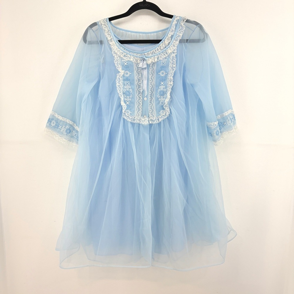 Chic Lingerie Robe Nightgown Peignoir Set L Blue Sheer Lace Babydoll Vintage 60s